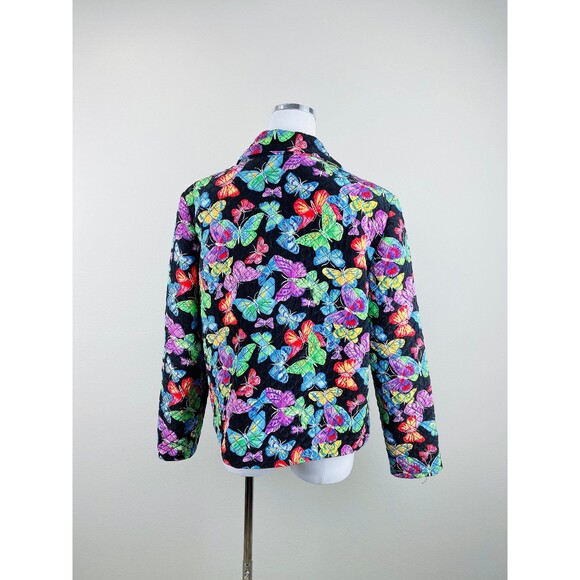 1990s Vintage Silk Jacket / 90s Rainbow Butterfly Quilted Coat / Size XL / 16 - Picture 3 of 7